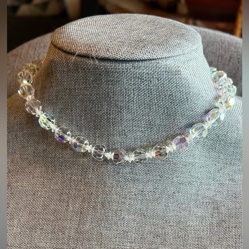 Vintage AB Crystal Necklace Choker Iridescent Austrian Aurora Borealis Beads S